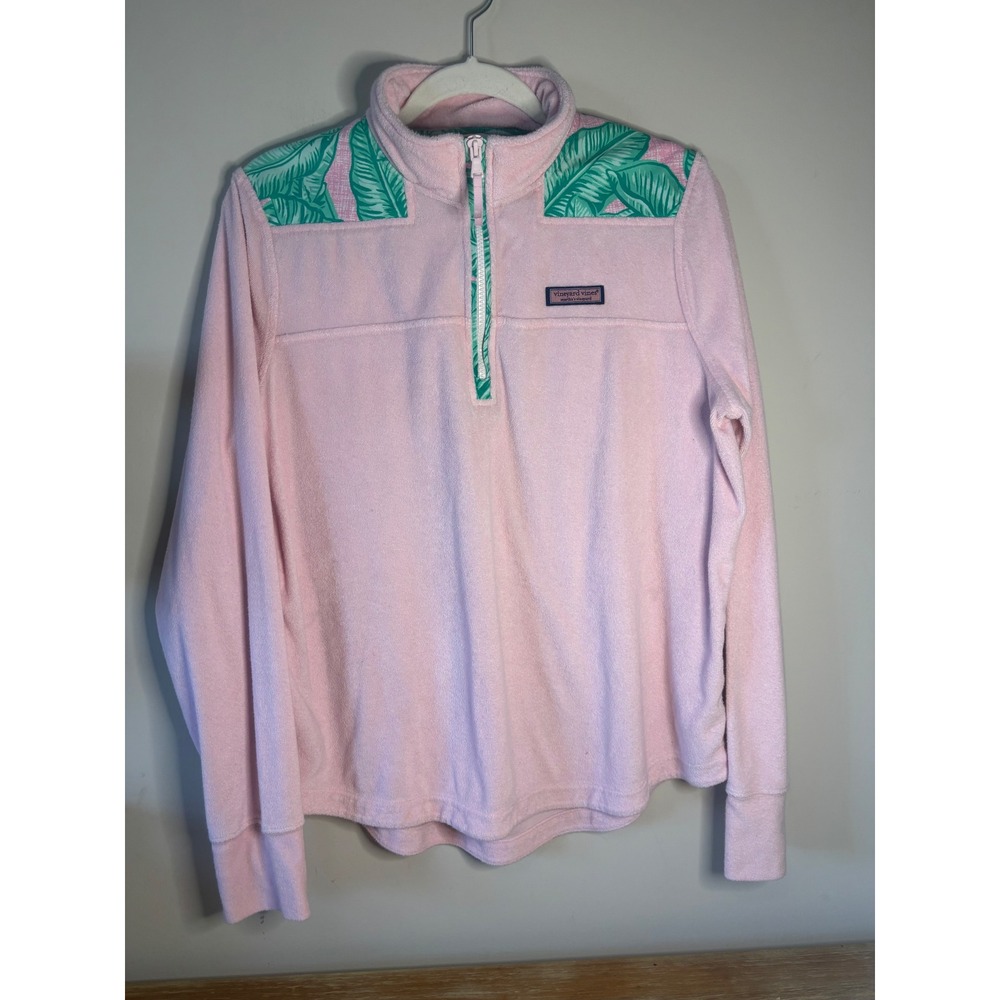 Vineyard Vines Pink Palm Leaf Quarter Zip Fleece 1/4 zip Sweatshirt Medium